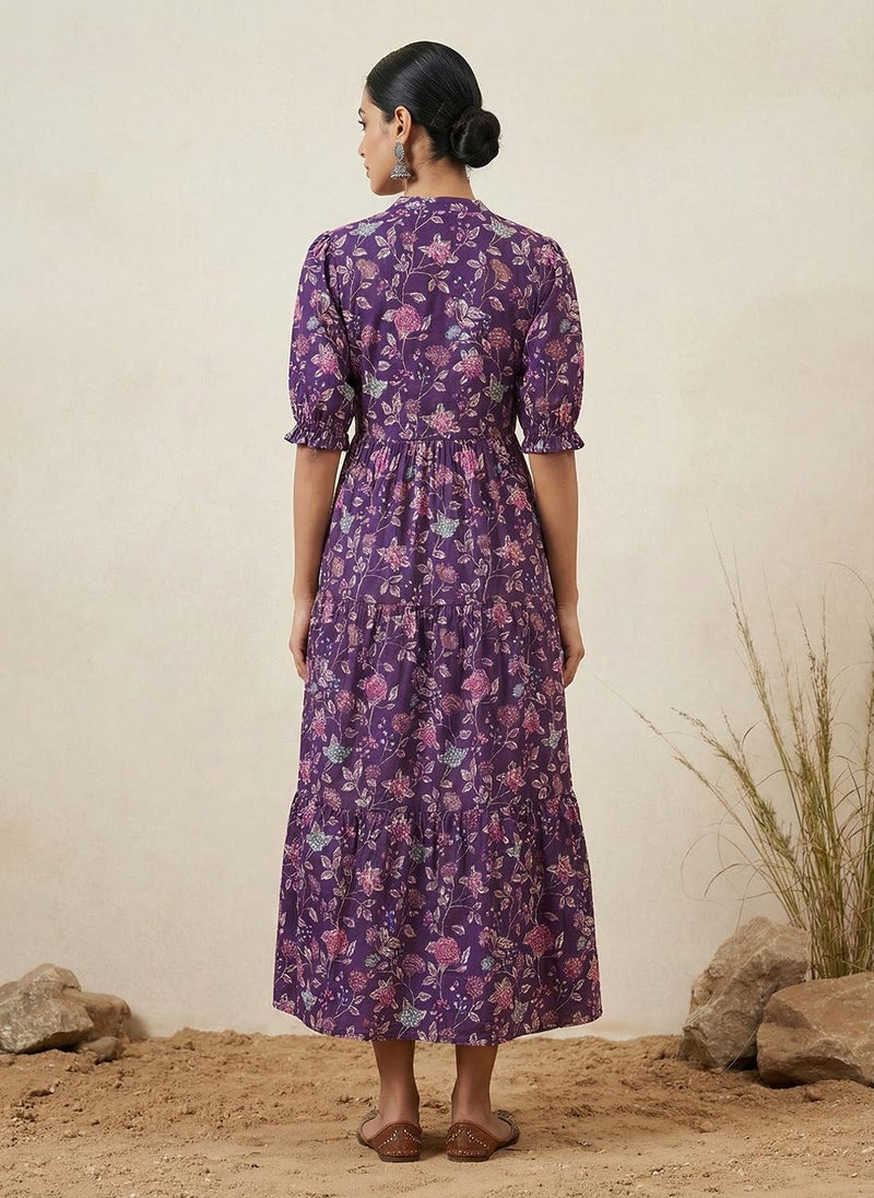 Globus Women Purple Mandarin Collar Puff Sleeves Floral Print Waist Tie-Ups Tiered Midi A-Line Fusion Dress - Image 4